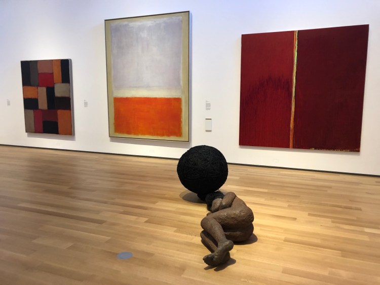 Paintings by Sean Scully, Mark Rothko, Pat Steir and sculpture by Alison Saar. 